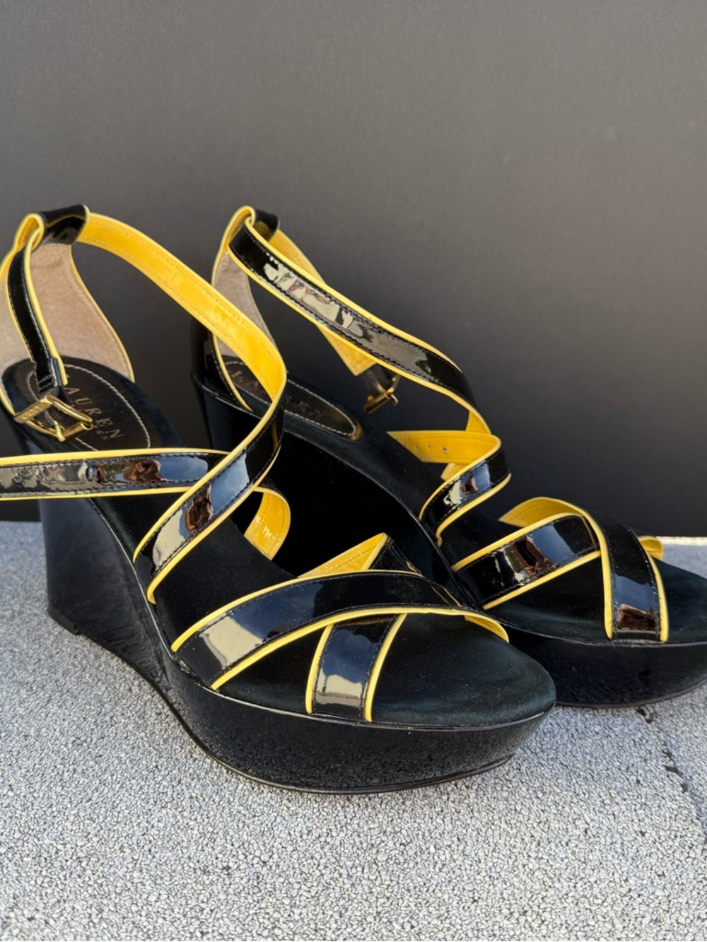 Lauren Ralph Lauren Black Patent Wedges with Yellow Trim